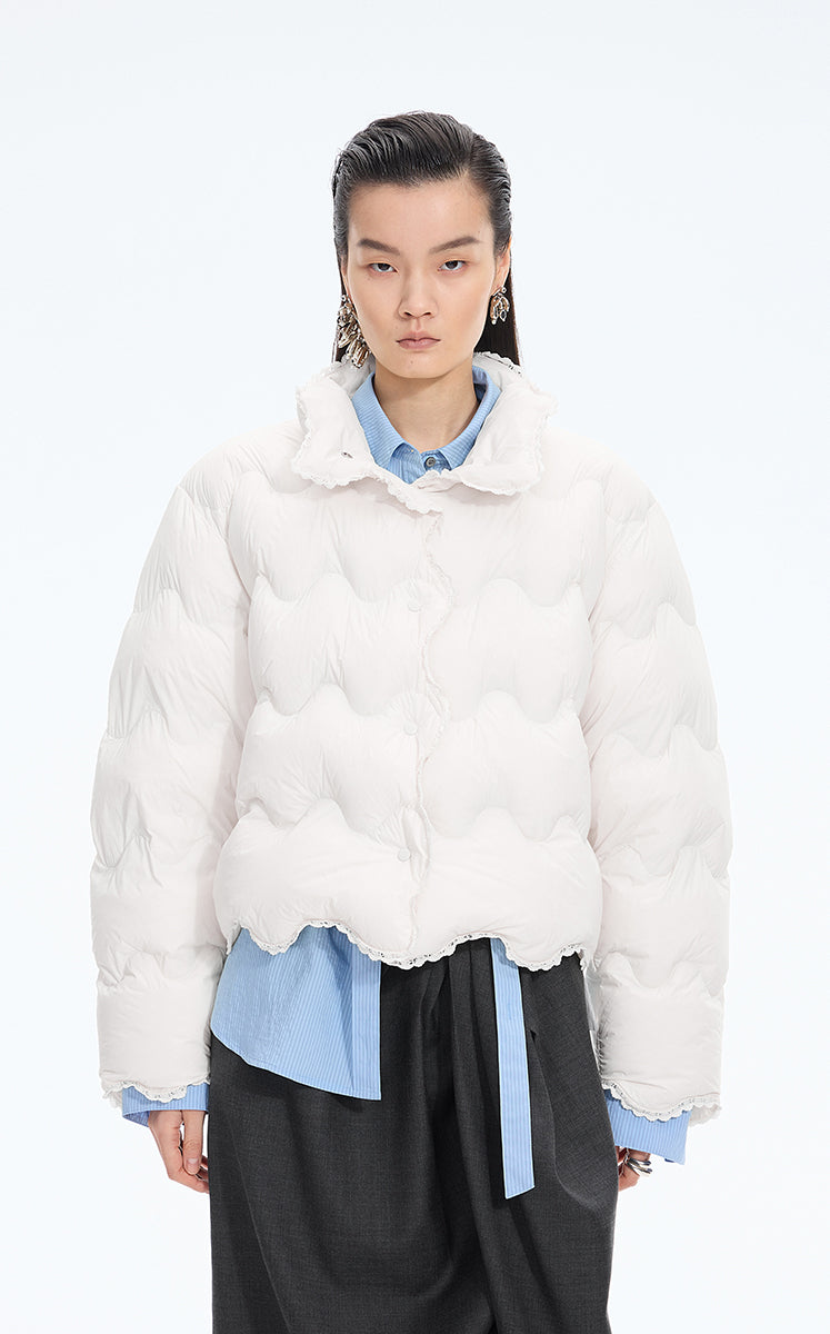 Down Coat / JNBY Oversized Lace-Trim Short Puffer White