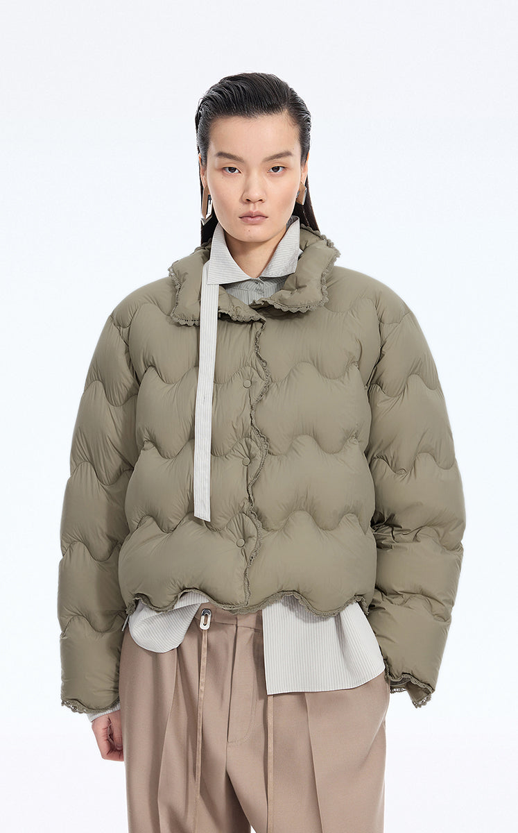 Down Coat / JNBY Oversized Lace-Trim Short Puffer Grey