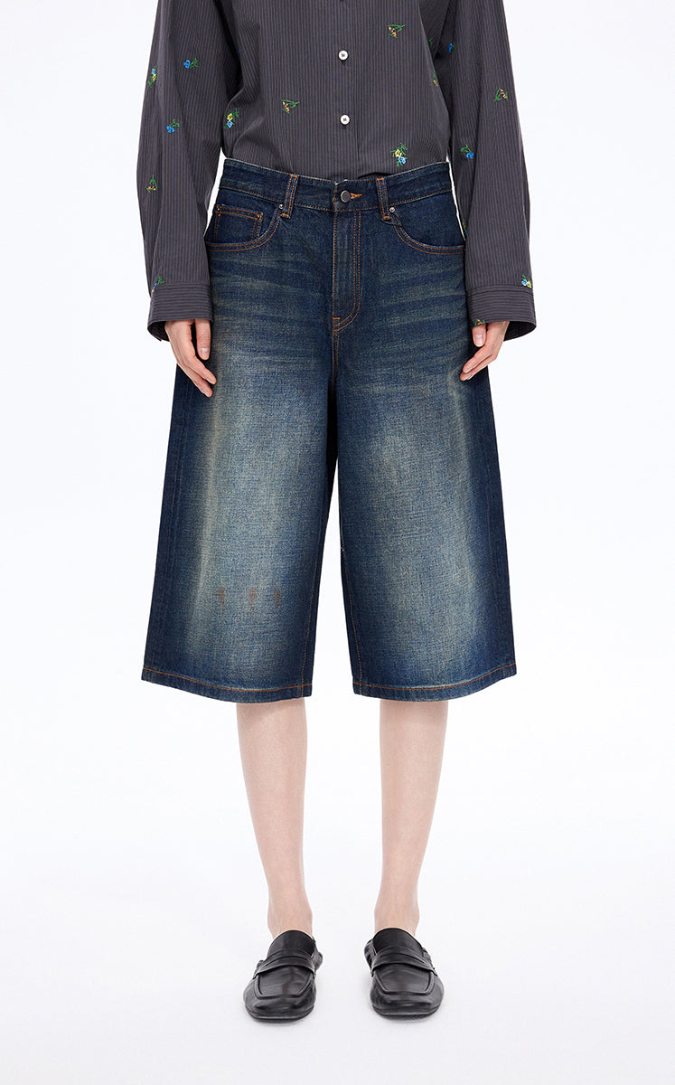 Pants / JNBY Washed Cropped Wide-Leg Denim Pants Indigo Denim