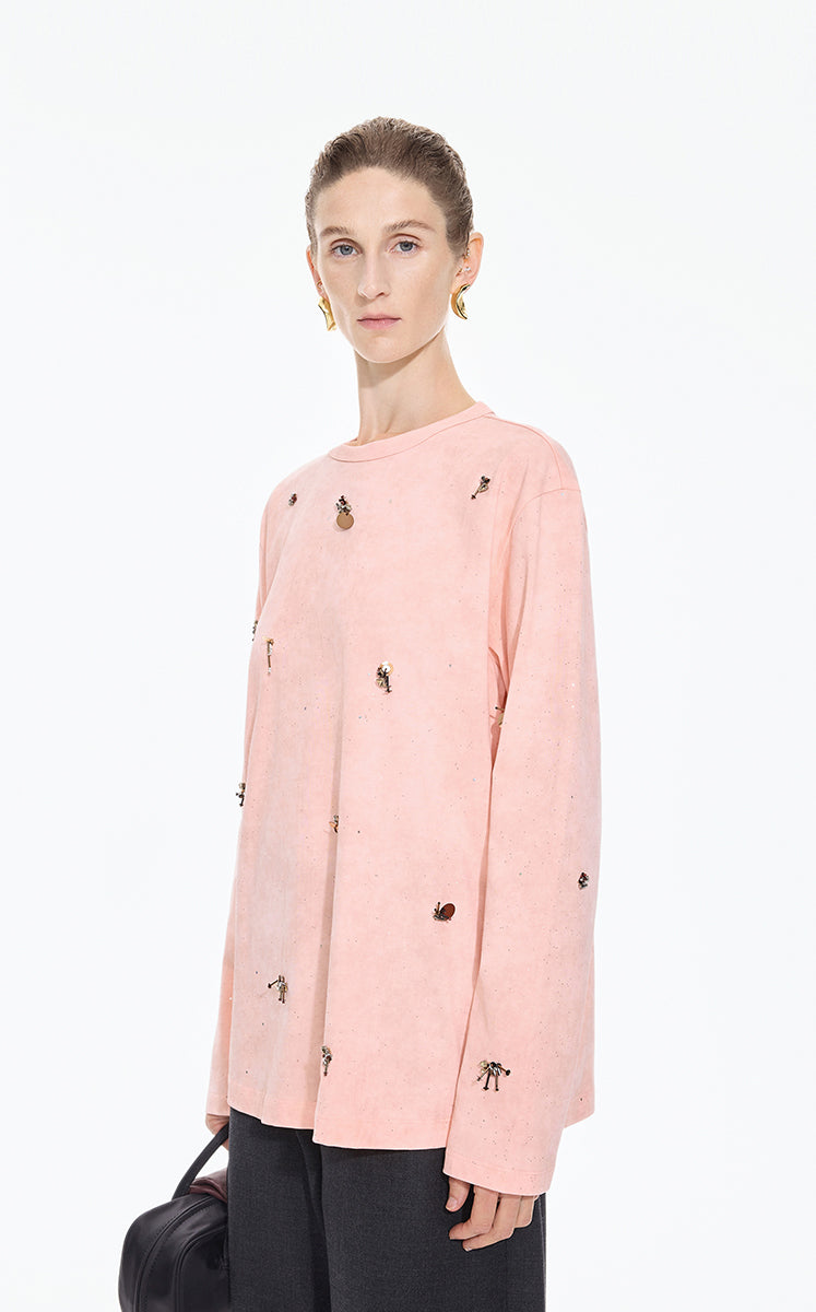 T-Shirt / JNBY Beaded Cotton Long Sleeve Tee Light Pink