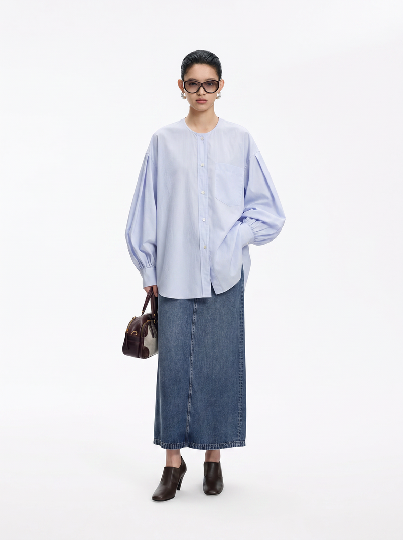 Shirt / JNBY Oversized Cotton Poplin Striped Blouse Blue and White Check
