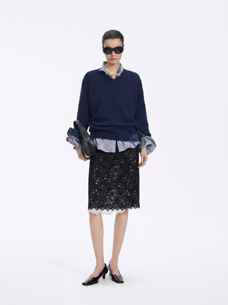 Sweater / JNBY Wool Yak Blend V-Neck Patchwork Pullover