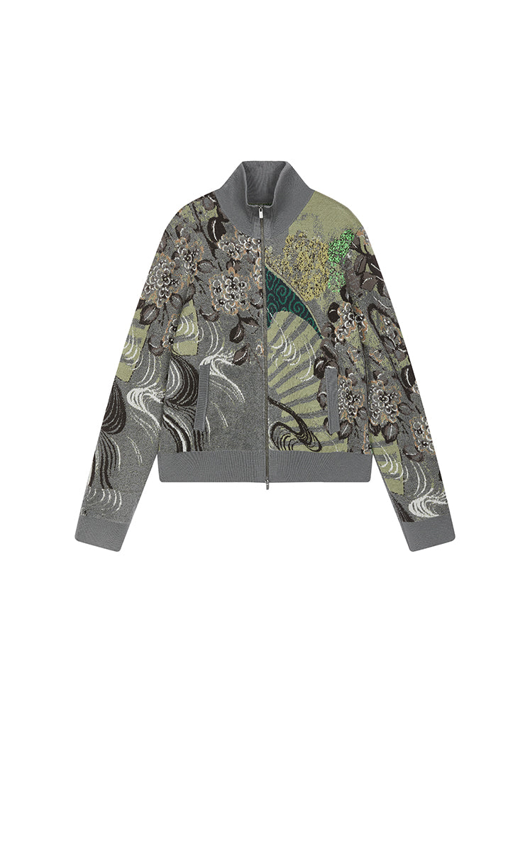 Sweater / JNBY Oriental Screen Motif Wool Blend Cardigan Black-Grey