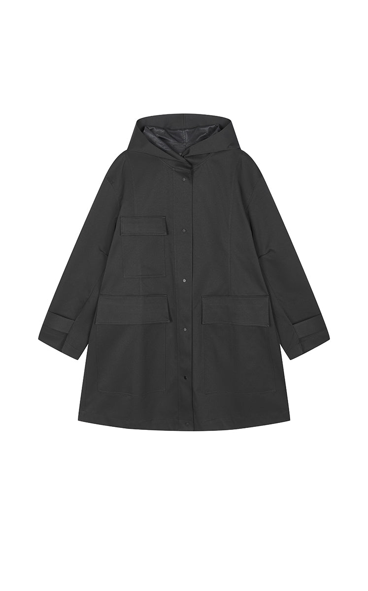 Trench Coat / JNBY Oversized A-Line Long Hooded Trench Black