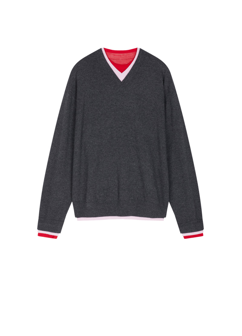 Sweater / JNBY Merino Wool Cashmere Blend V-Neck Pullover Grey-Red