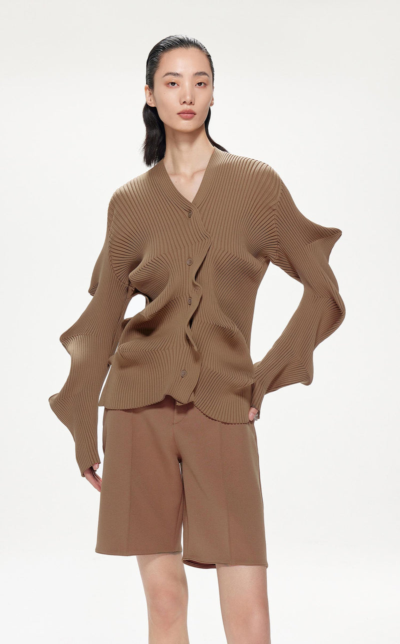 Sweater / JNBY Ruffled Wavy Detail Cardigan Brown