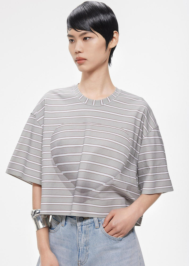 T-Shirt / JNBY Loose Fit Stripped H-Line Cotton T-Shirt Grey M