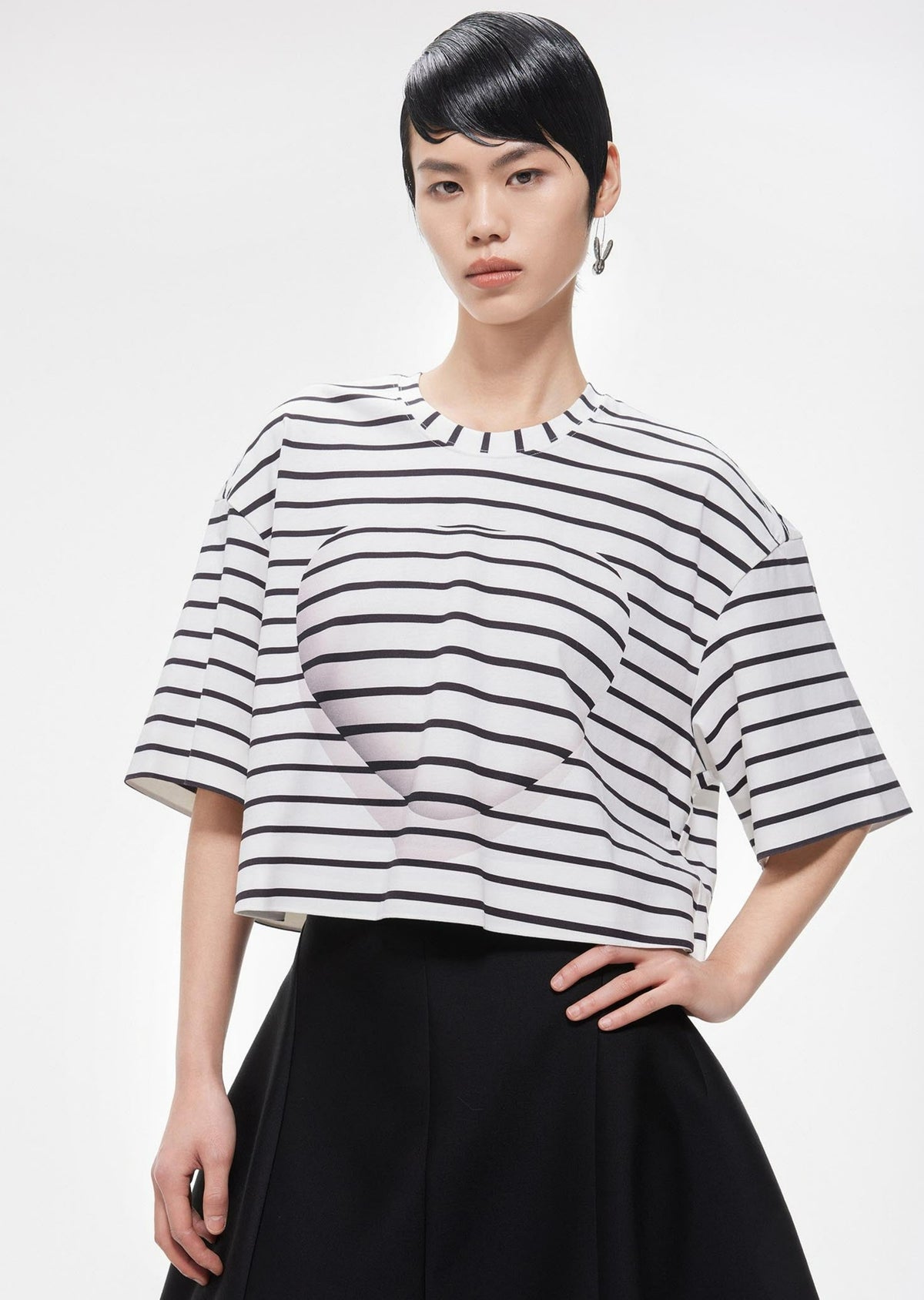 T-Shirt / JNBY Loose Fit Stripped H-Line Cotton T-Shirt Black