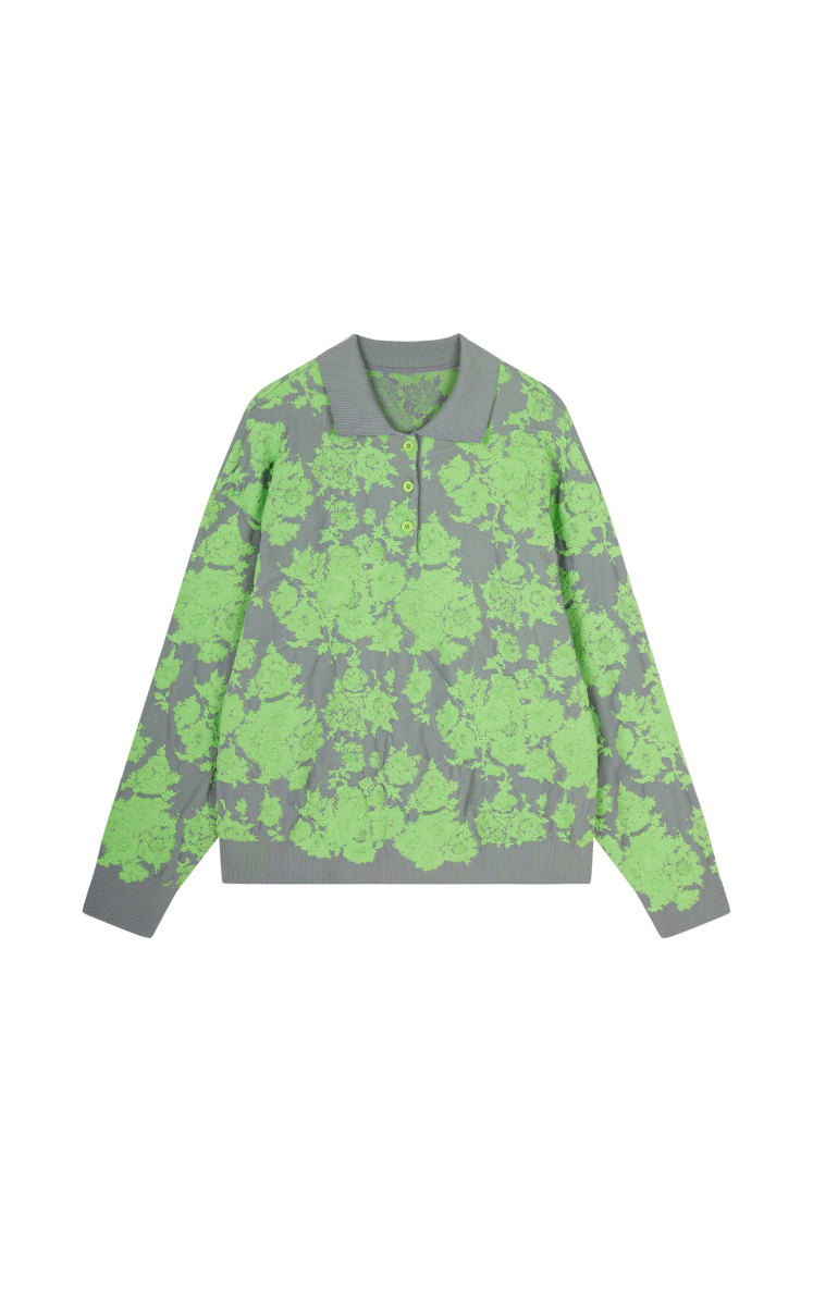 Sweater / JNBY Peony Jacquard Polo Neck Knit Pullover Gray Green
