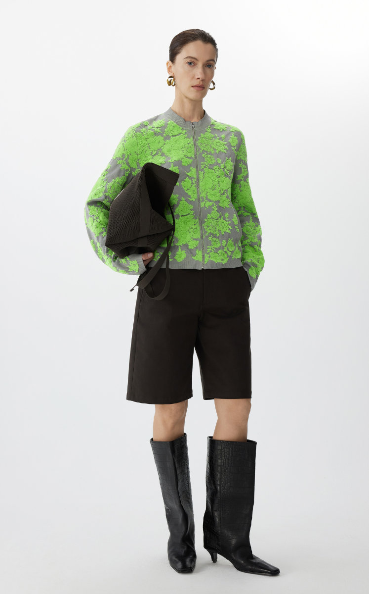 Sweater / JNBY Peony Jacquard Knit Short Cardigan Grayish green