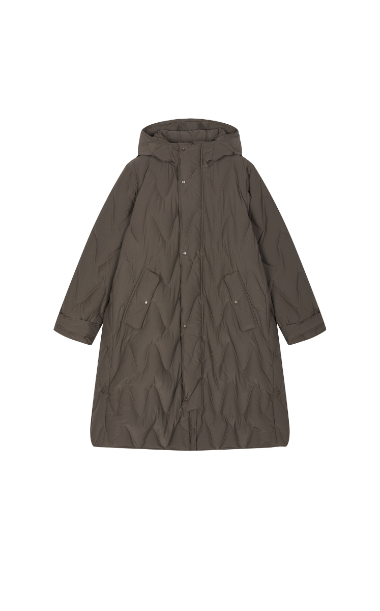 Down Coat / JNBY Wavy Quilted Long Hooded Down Coat Brown