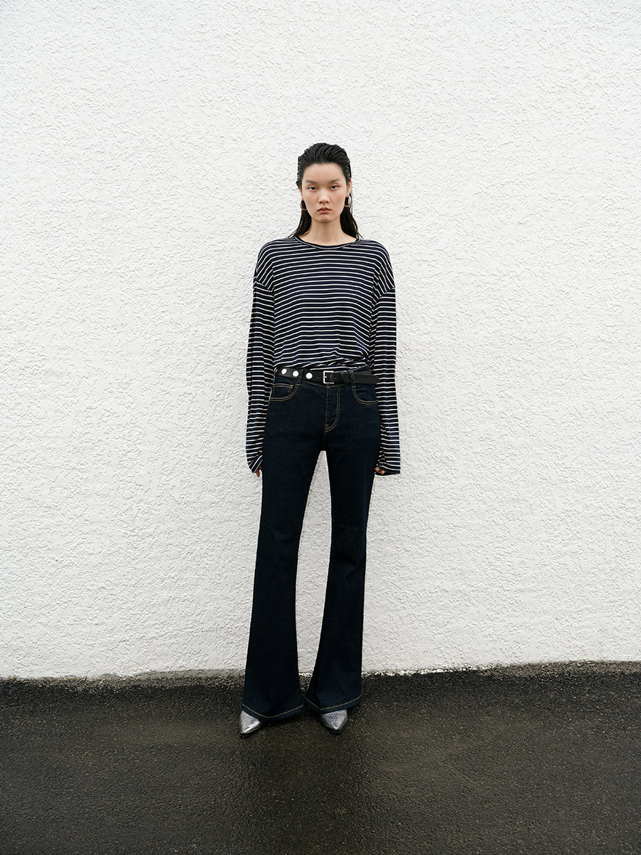 T-Shirt / JNBY Relaxed-fit Silk Long-sleeve T-shirt Black white
