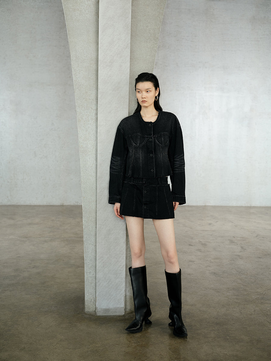 Coat / JNBY Relaxed Collarless Demin Coat Black
