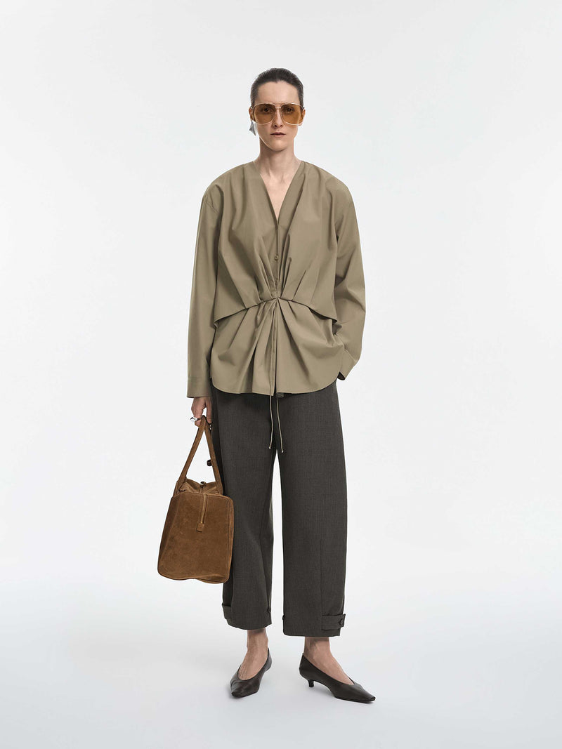 JNBY Relaxed Fit Tie-Waist Long Sleeve Blouse - Grey Light Coffee - [view] -2
