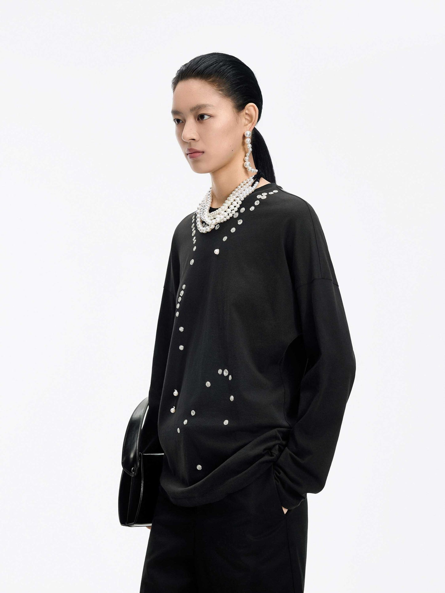 JNBY Cotton Pearl Embroidered Relaxed Tee - black - [view] -3