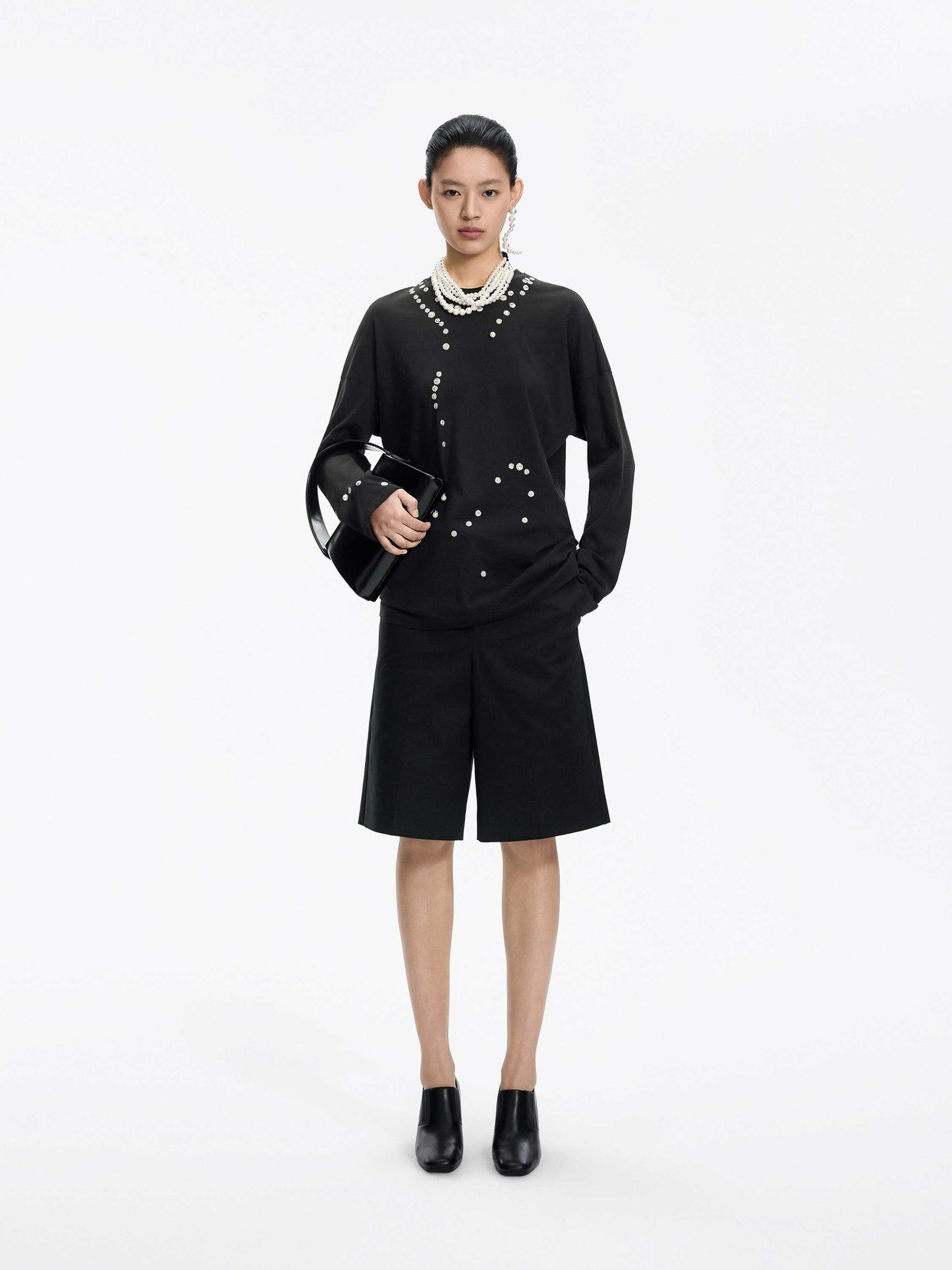 JNBY Cotton Pearl Embroidered Relaxed Tee - black - [view] -3