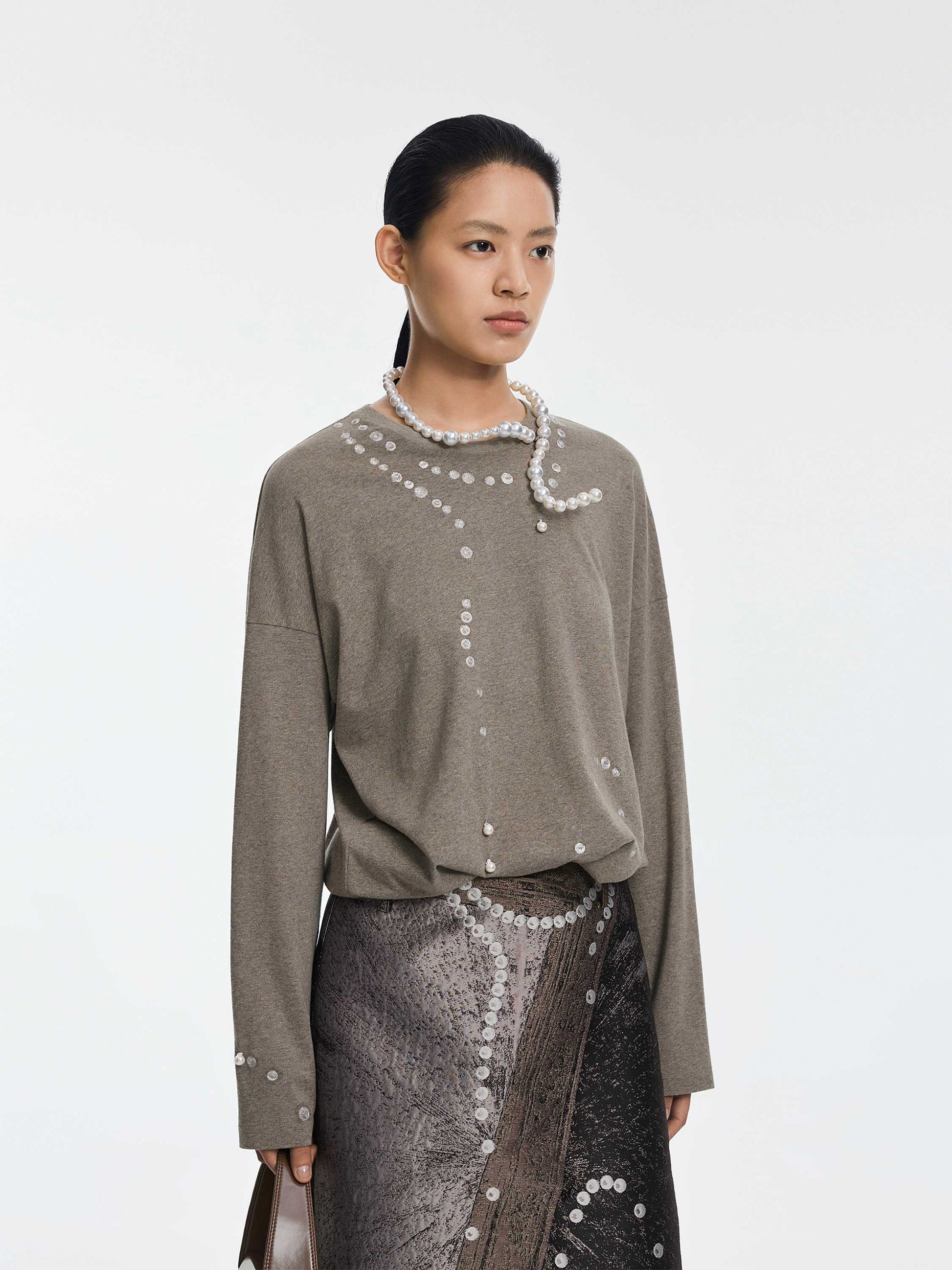 JNBY Cotton Pearl Embroidered Relaxed Tee - Khaki - [view] -1