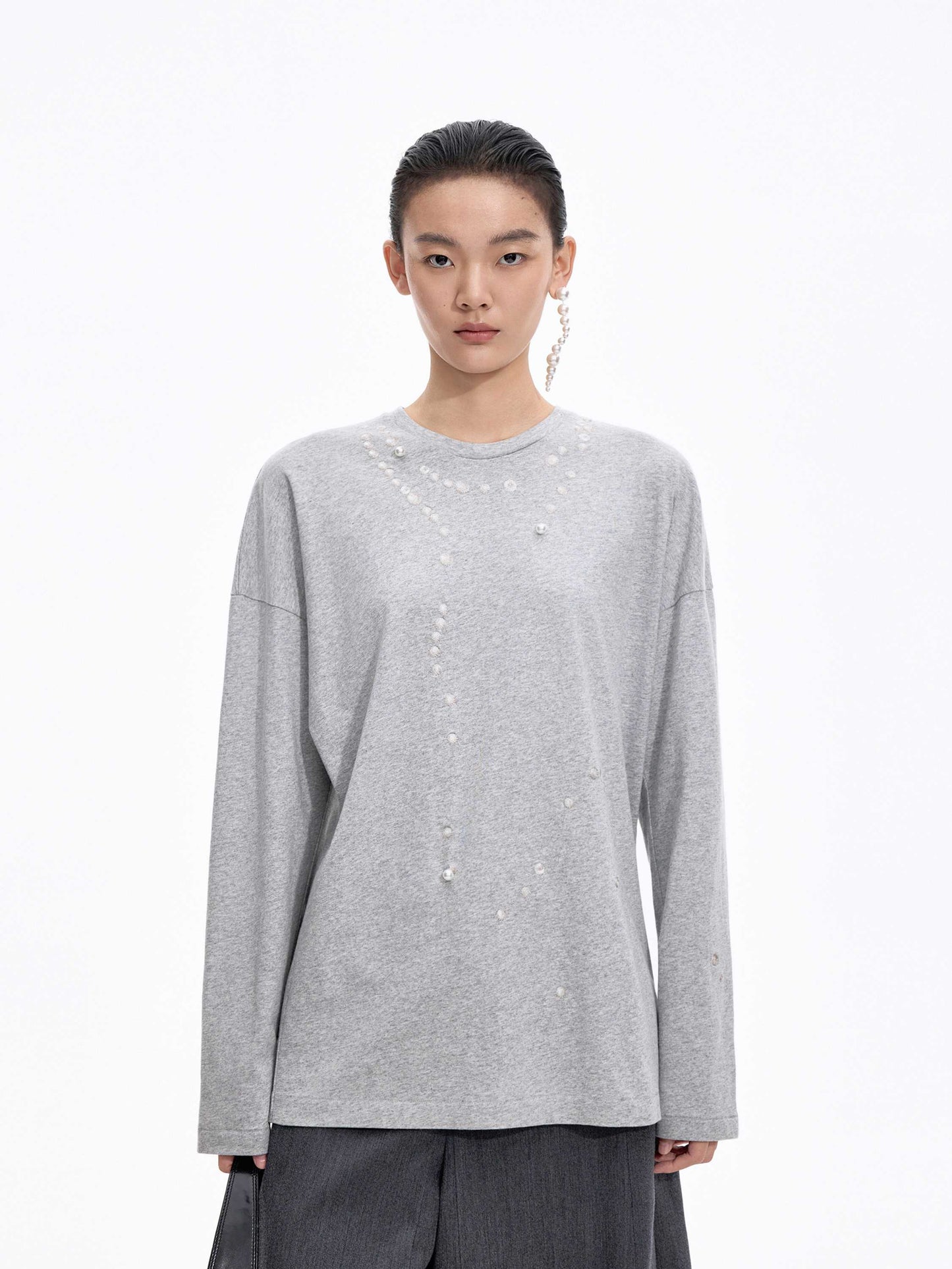 JNBY Cotton Pearl Embroidered Relaxed Tee - ash - [view] -2