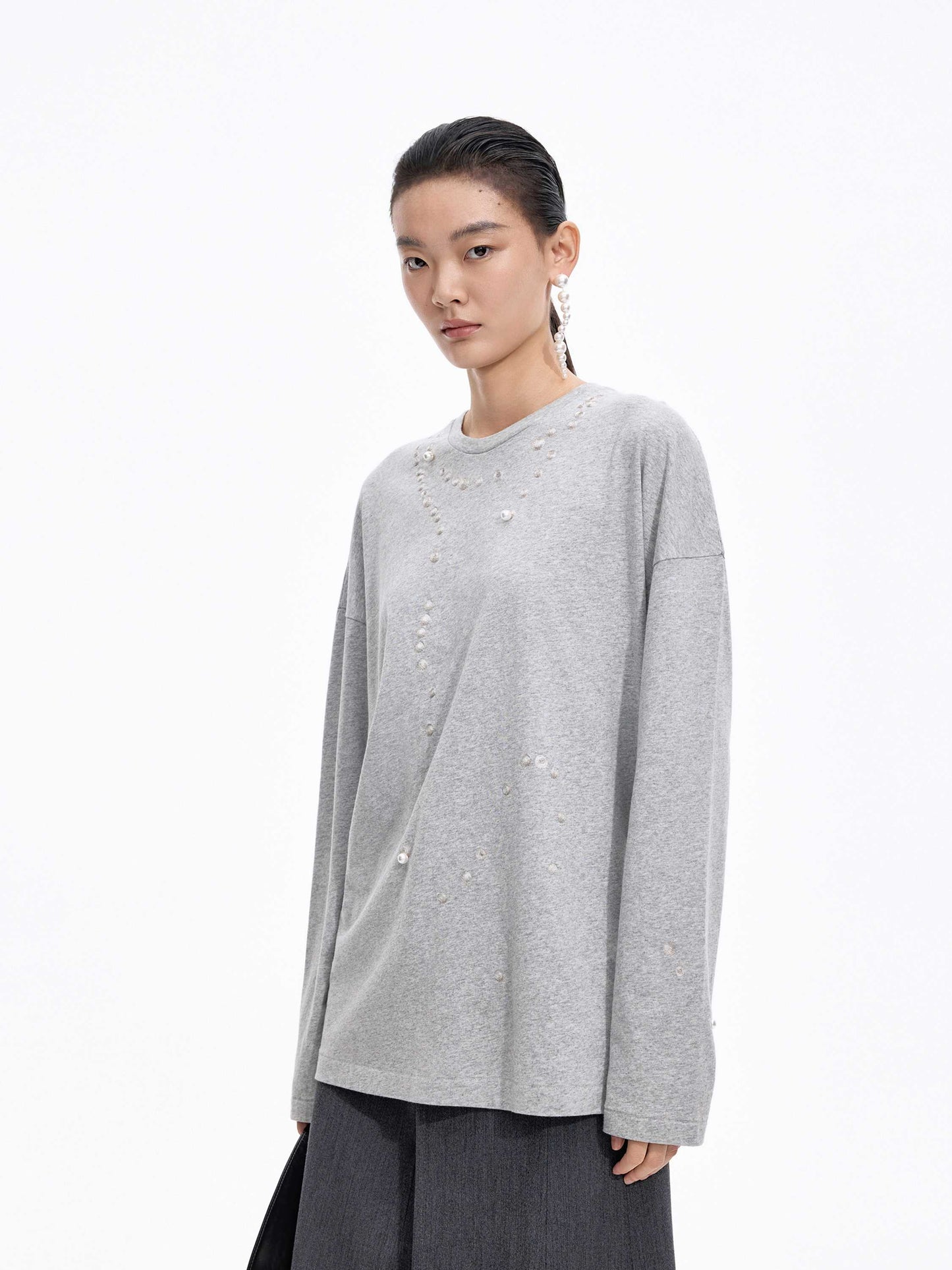 JNBY Cotton Pearl Embroidered Relaxed Tee - ash - [view] -2