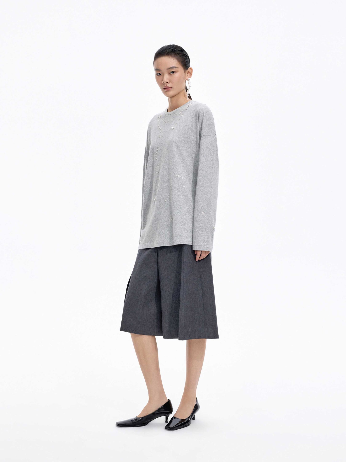 JNBY Cotton Pearl Embroidered Relaxed Tee - ash - [view] -2