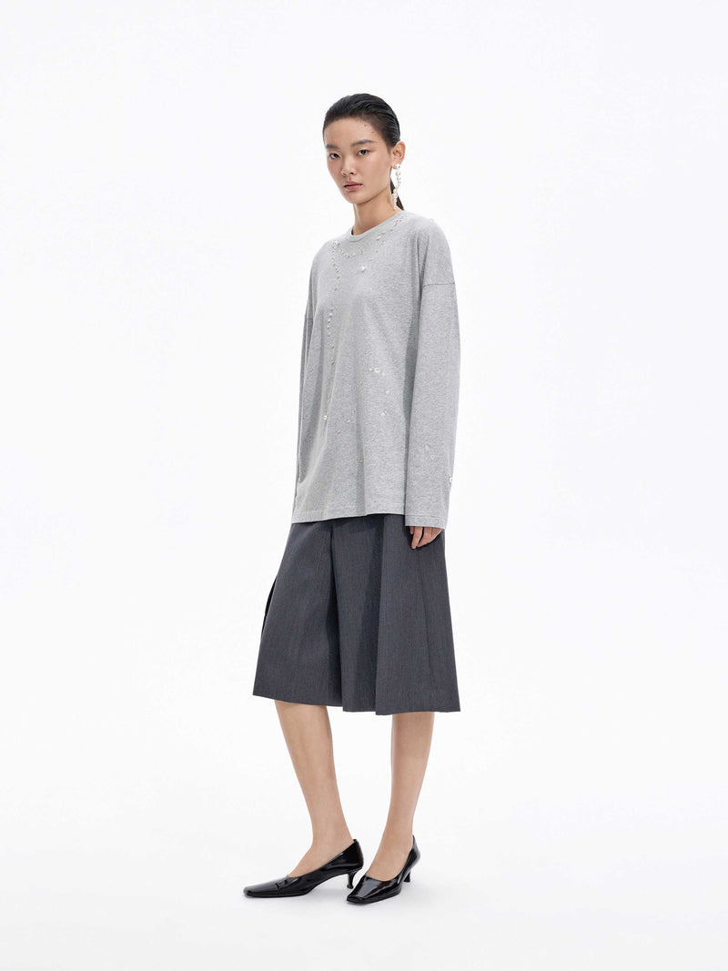 JNBY Cotton Pearl Embroidered Relaxed Tee - ash - [view] -2