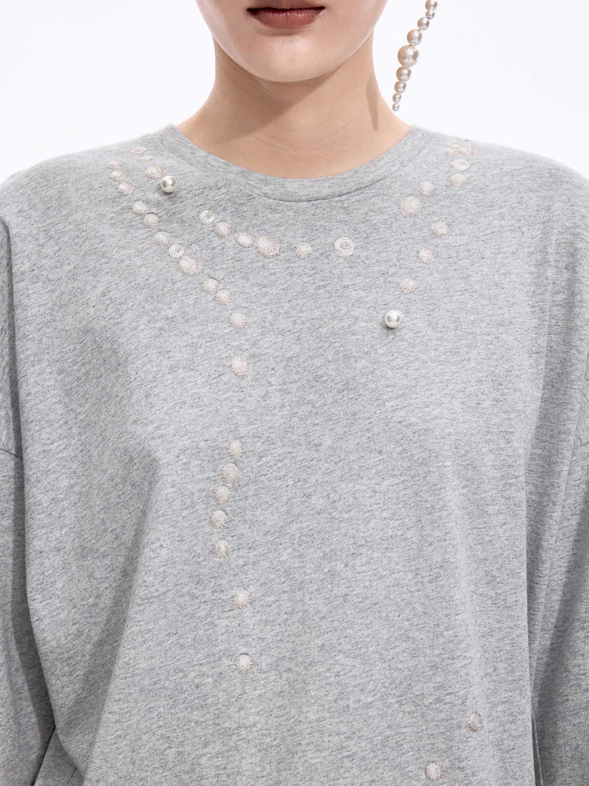 JNBY Cotton Pearl Embroidered Relaxed Tee - ash - [view] -2