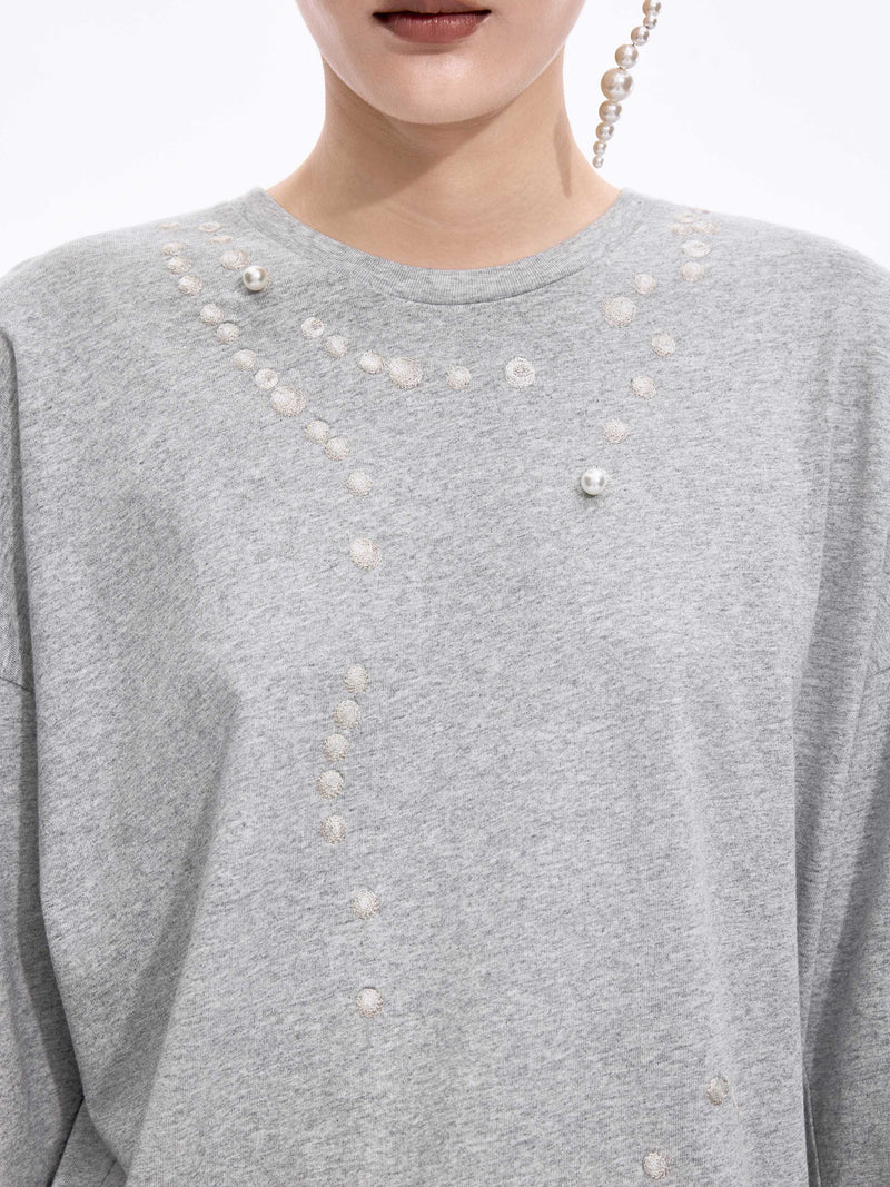 JNBY Cotton Pearl Embroidered Relaxed Tee - ash - [view] -2