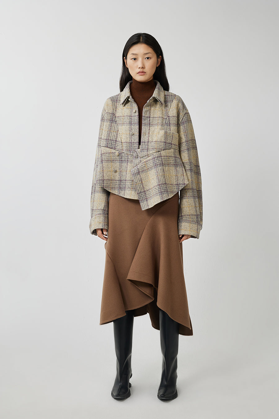 Coat / JNBY Plaid Ruffled Wool Shirt Jacket Beige