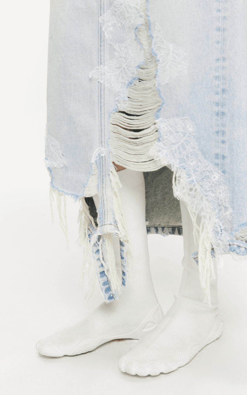 Skirt / JNBY Lace Patchwork Frayed Denim Long Skirt