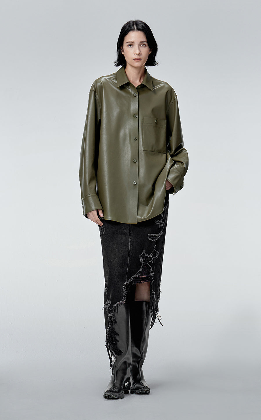 Skirt / JNBY Irregular Hem Denim Cotton Ripped Skirt Black