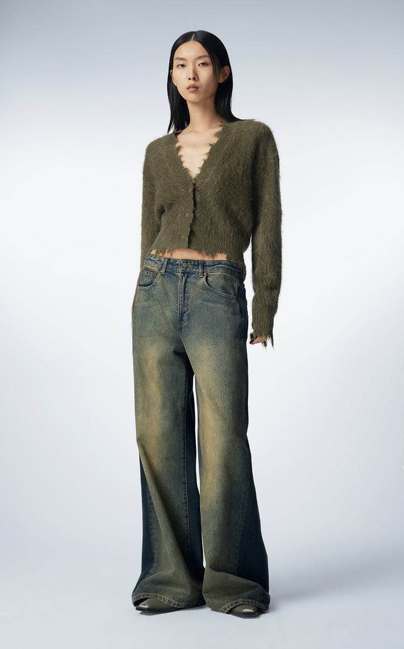 Sweater / JNBY Cropped V-neck Cardigan DarkOliveGreen