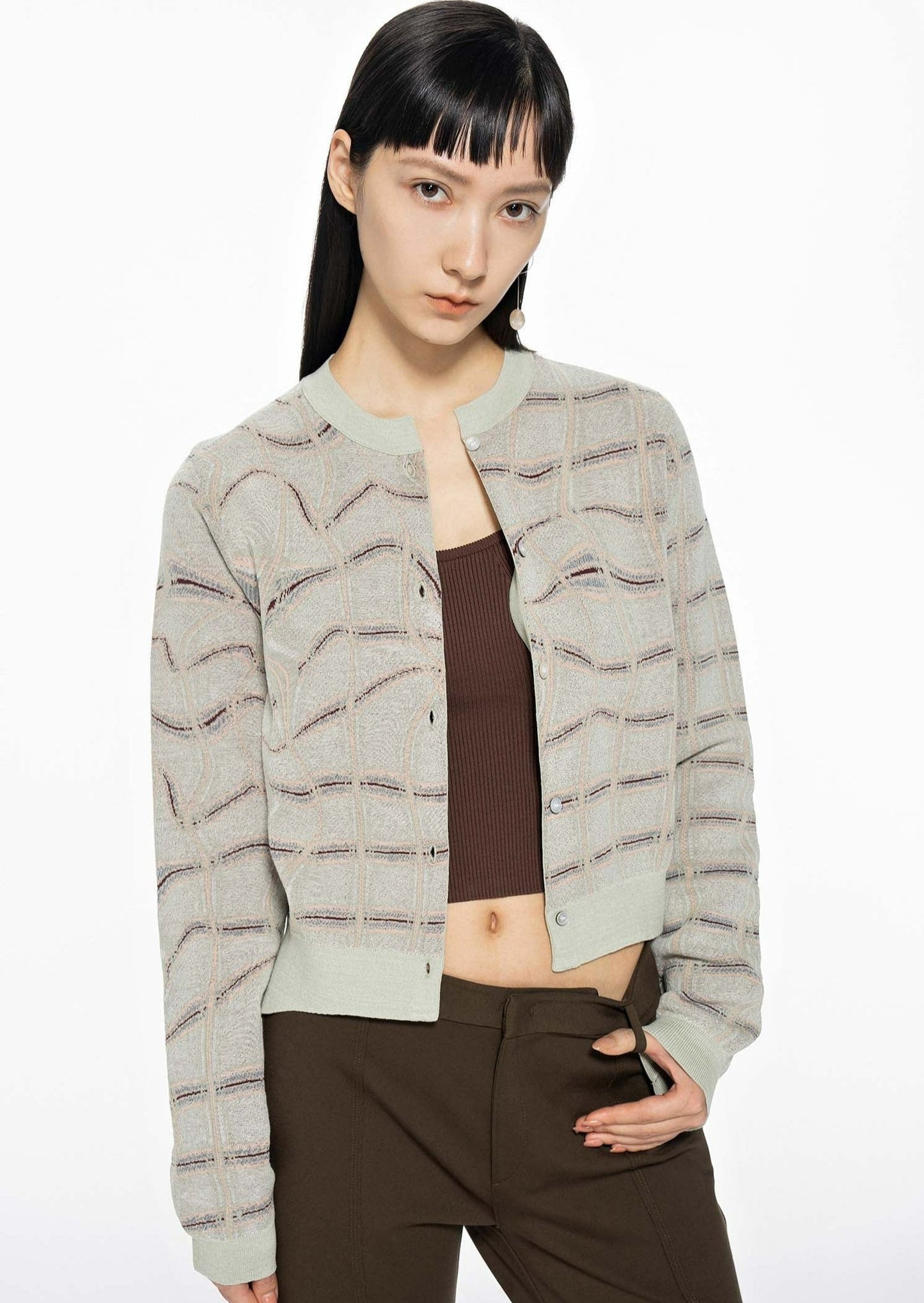 Cardigans / JNBY Plaid Print Crewneck Cropped Cardigan Khaki