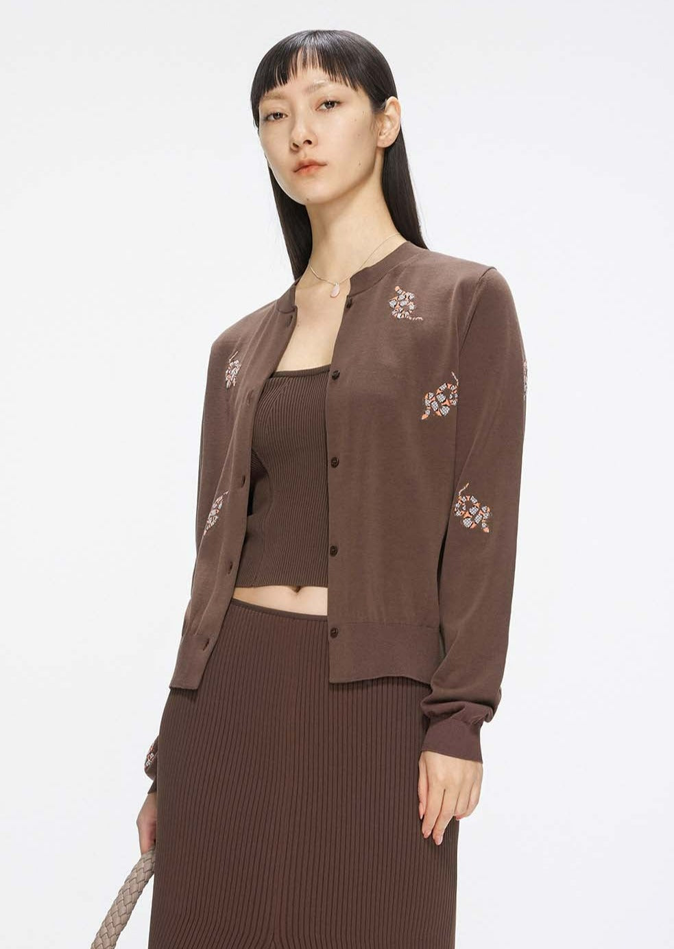 Cardigans / JNBY Classic Jacquard Long Sleeve Cropped Cardigan Brown