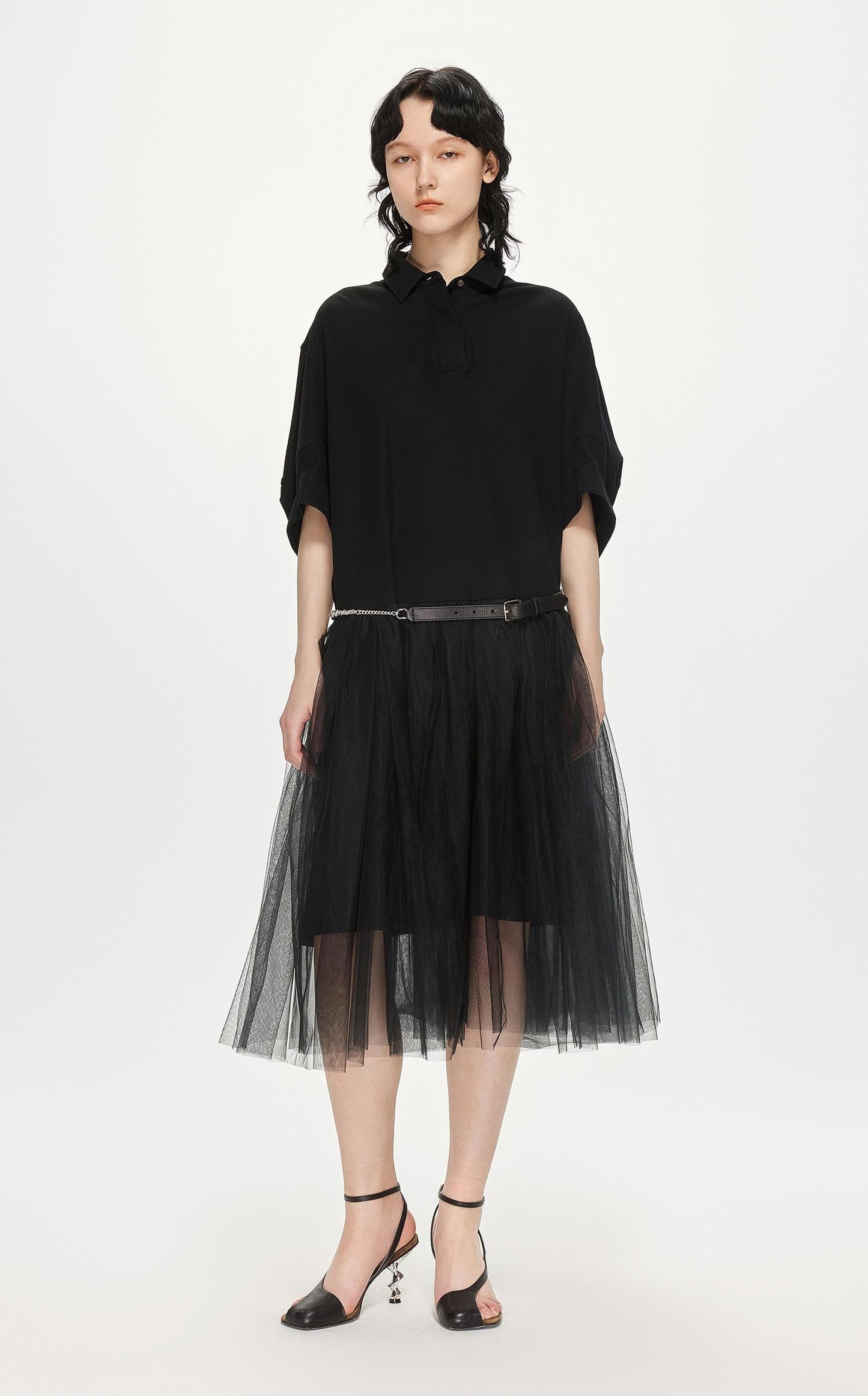 Dresses / JNBY Polo Style Patched Mid-Sleeve Gauze Dress Black