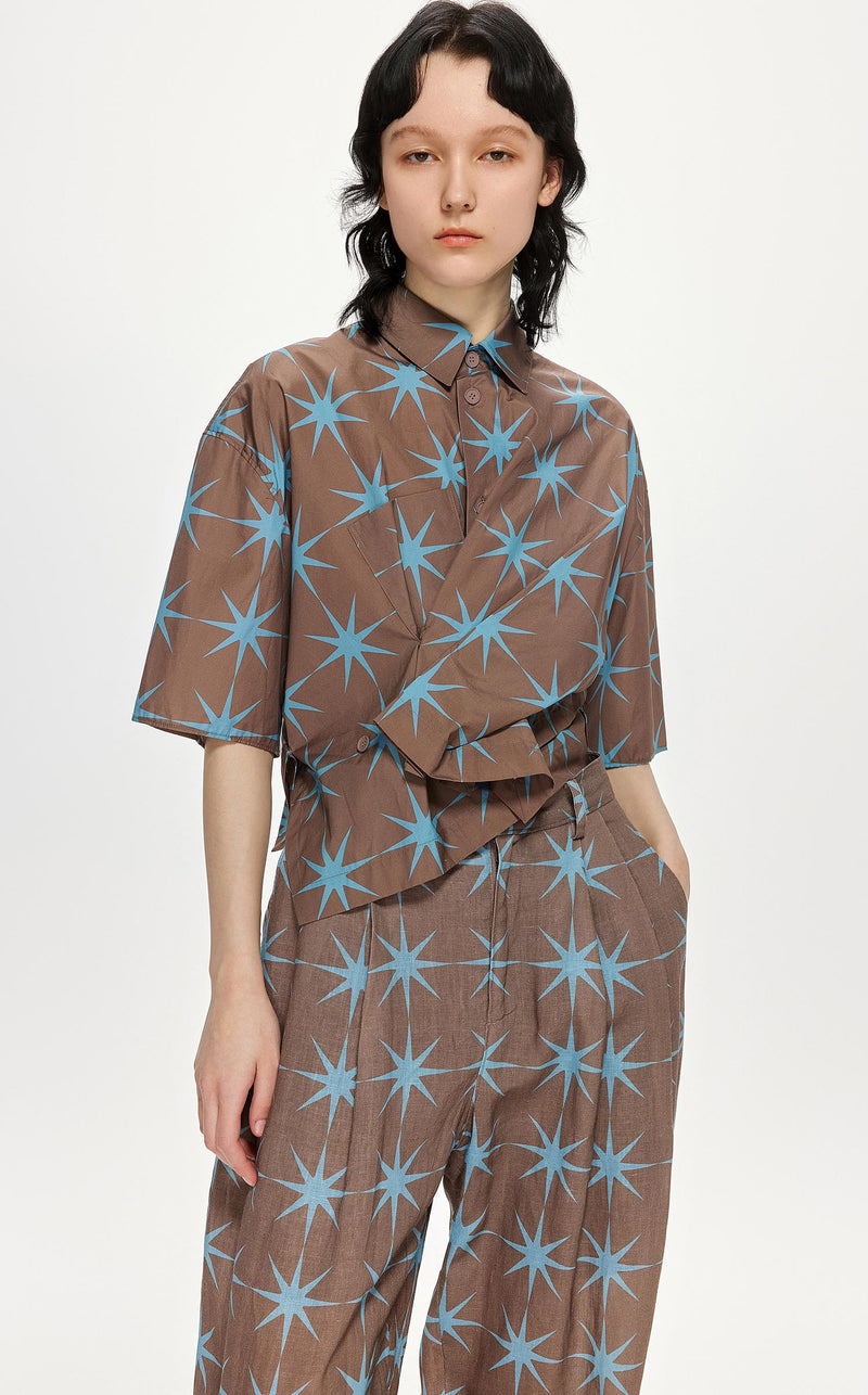 Shirt / JNBY Star Print Short Sleeve Crop Shirt (100% Cotton) Brown