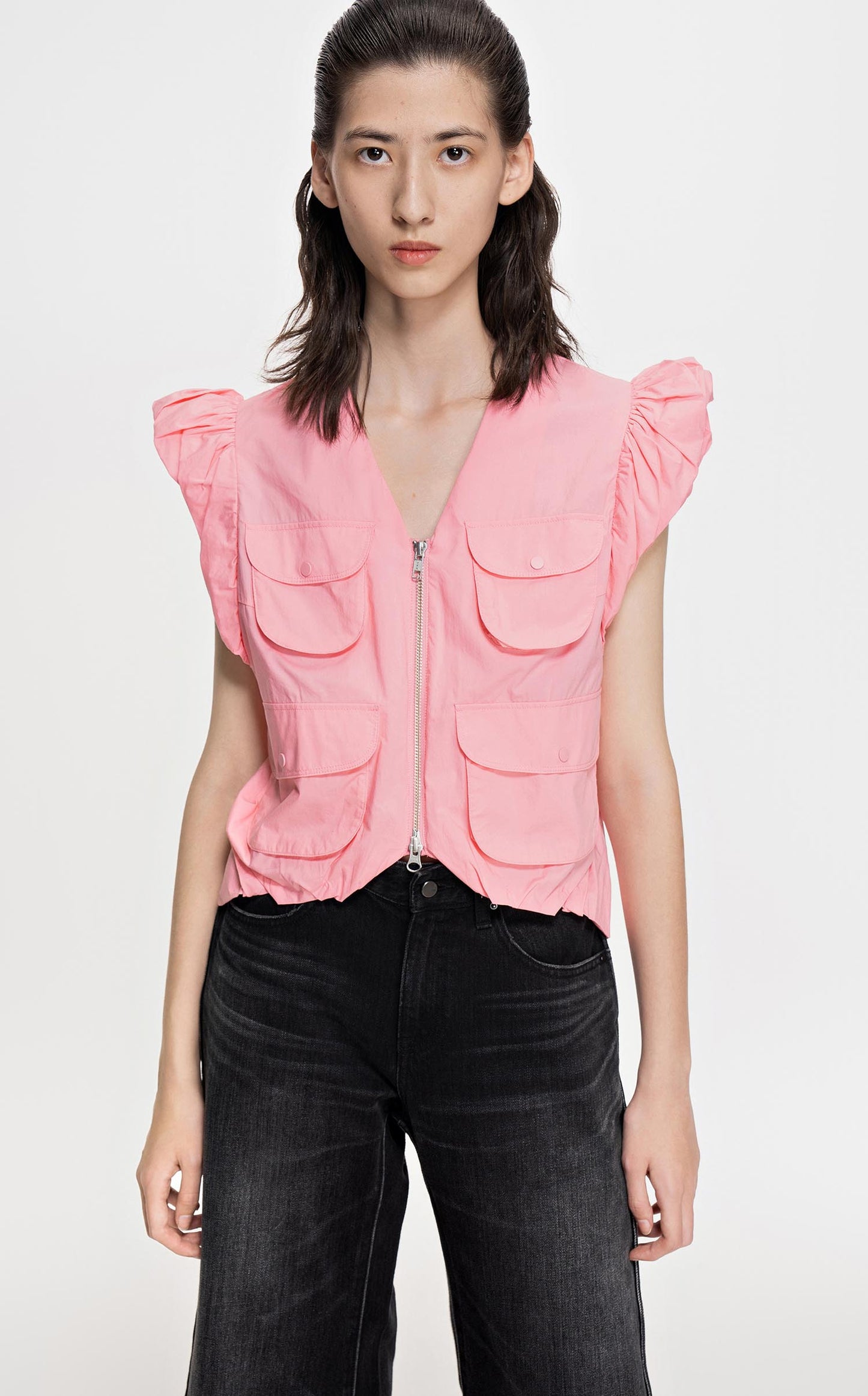Vest / JNBY Zip-Up Ruffled Shoulder Sleeveless Short Vest (100% Cotton) Pink