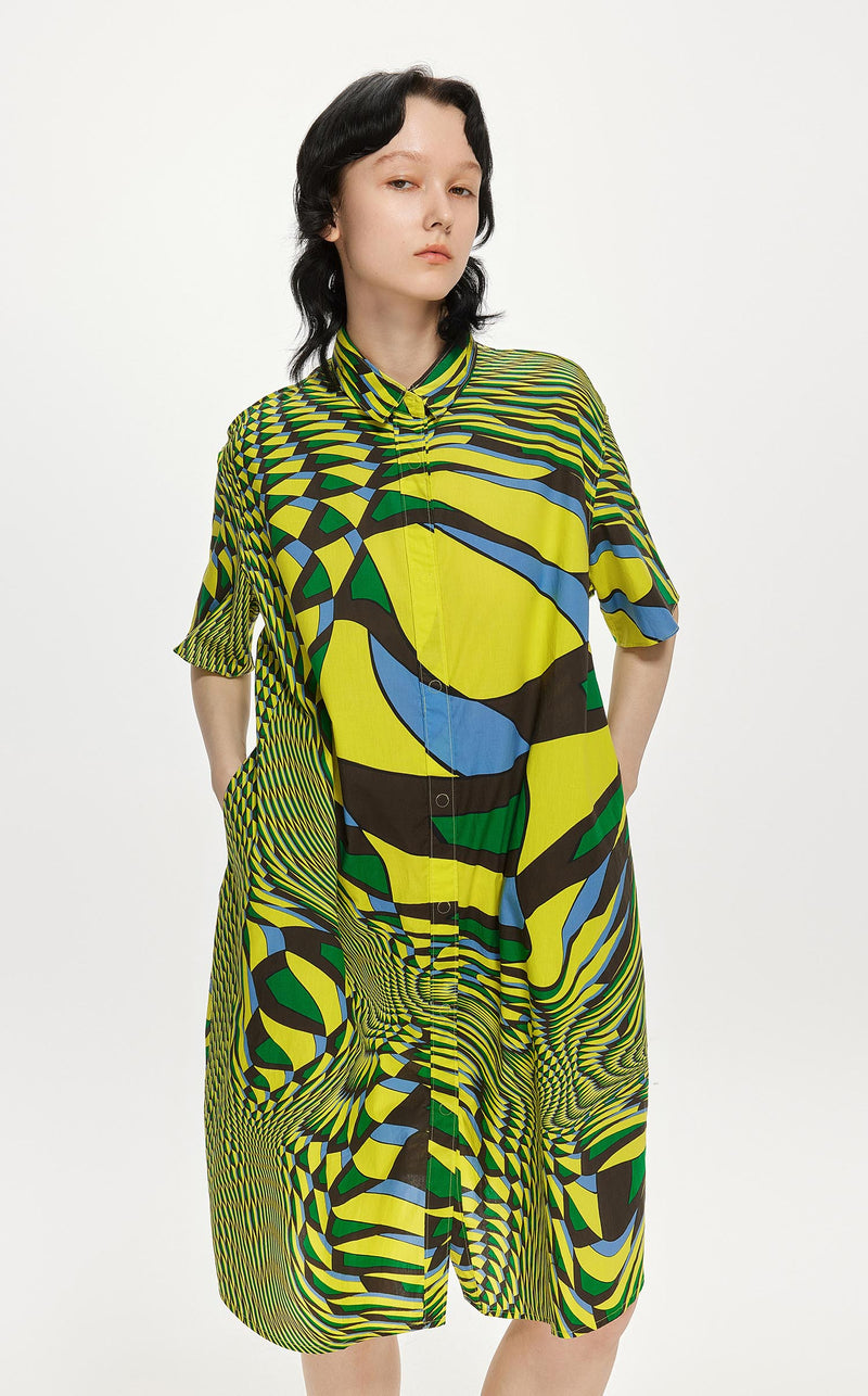 Dresses / JNBY Loose Fit Full Print Short Sleeve Dress (100% Cotton) Green