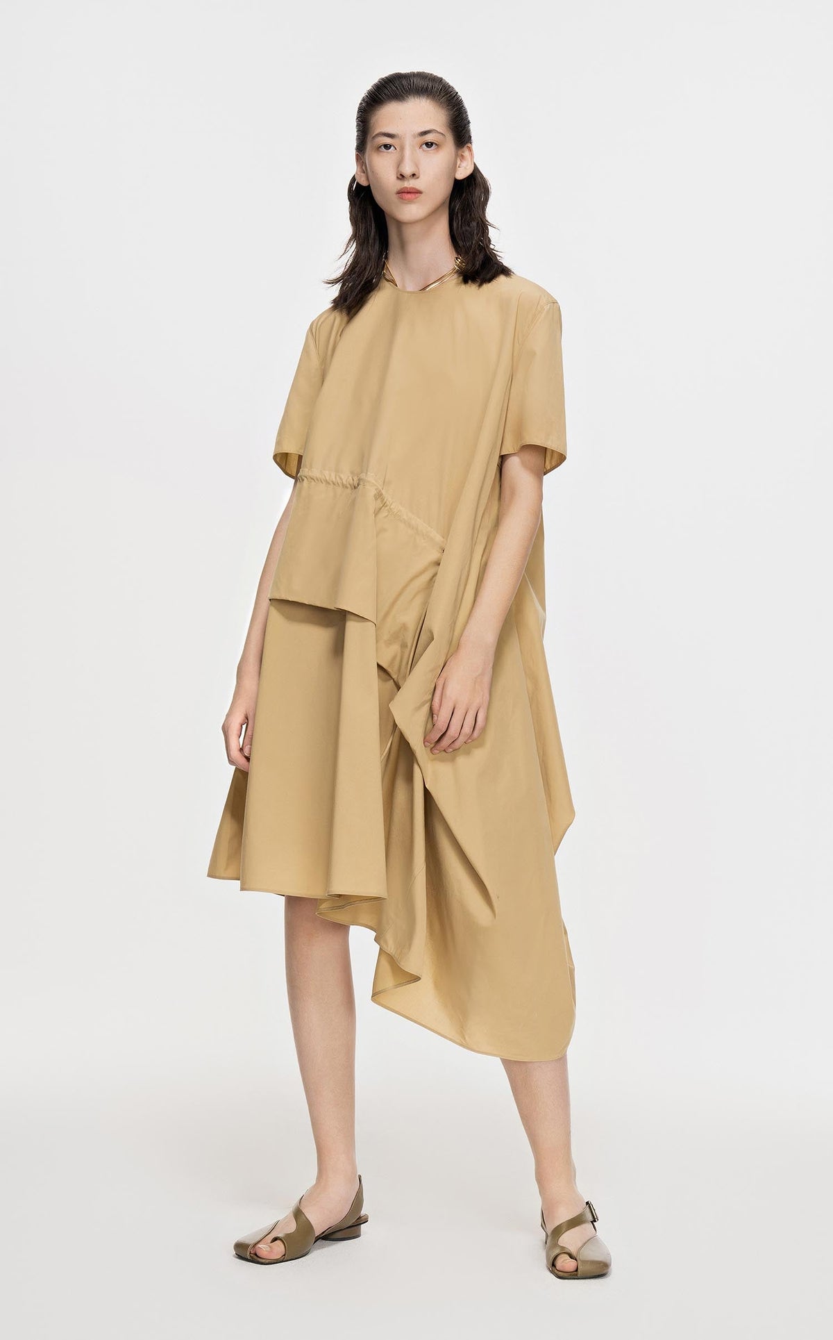 Dresses / JNBY Crewneck Layered Short Sleeve Dress (100% Cotton) Khaki S