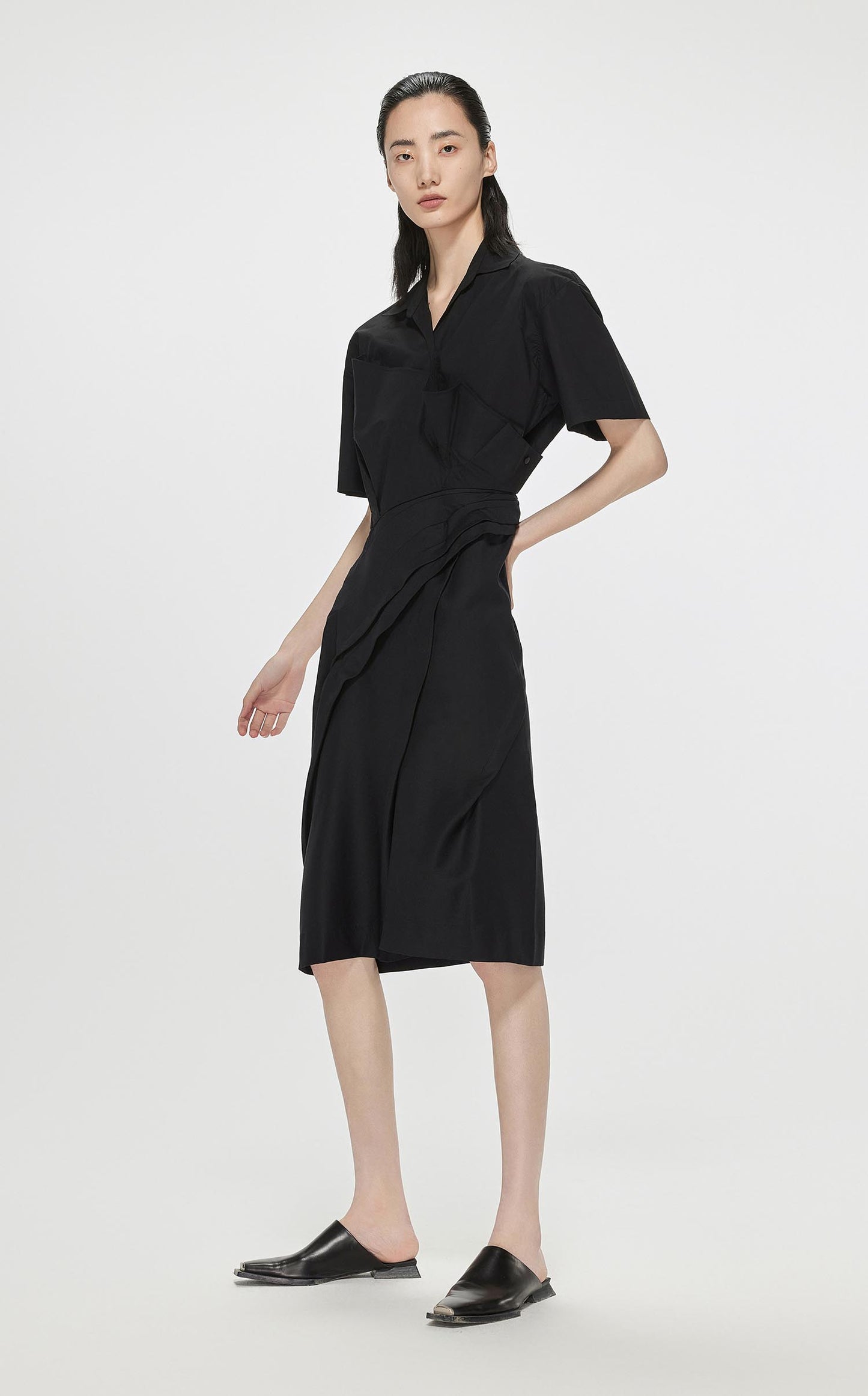 Dresses / JNBY Solid Front Pleated Short Sleeve Dress (100% Cotton)