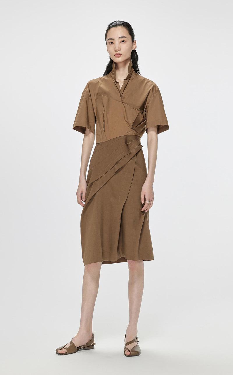 Dresses / JNBY Solid Front Pleated Short Sleeve Dress (100% Cotton)