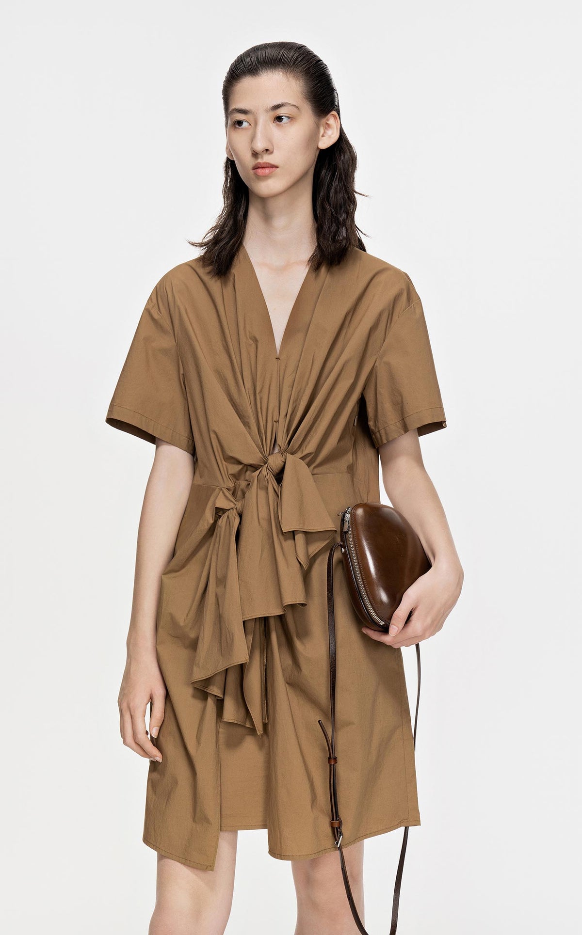 Dresses / JNBY Front Knot Short Sleeve Dress (100% Cotton) Khaki