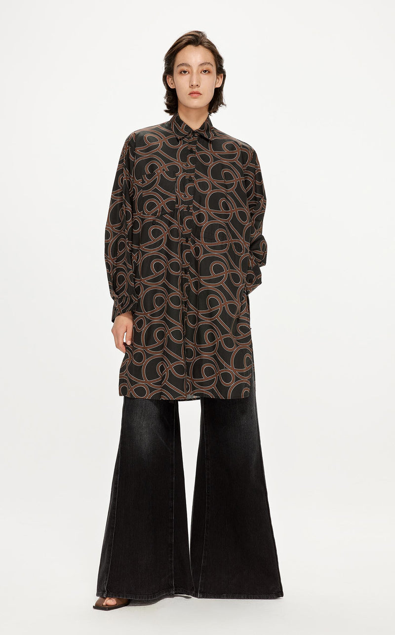 Dresses / JNBY Loose Fit Striped Printing Long-Sleeved Dress (100% Cotton) Brown