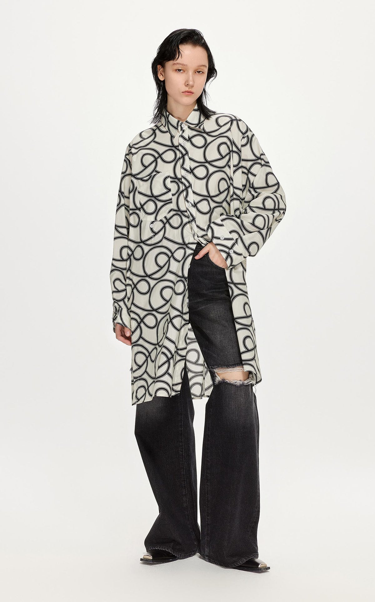 Dresses / JNBY Loose Fit Striped Printing Long-Sleeved Dress (100% Cotton) White