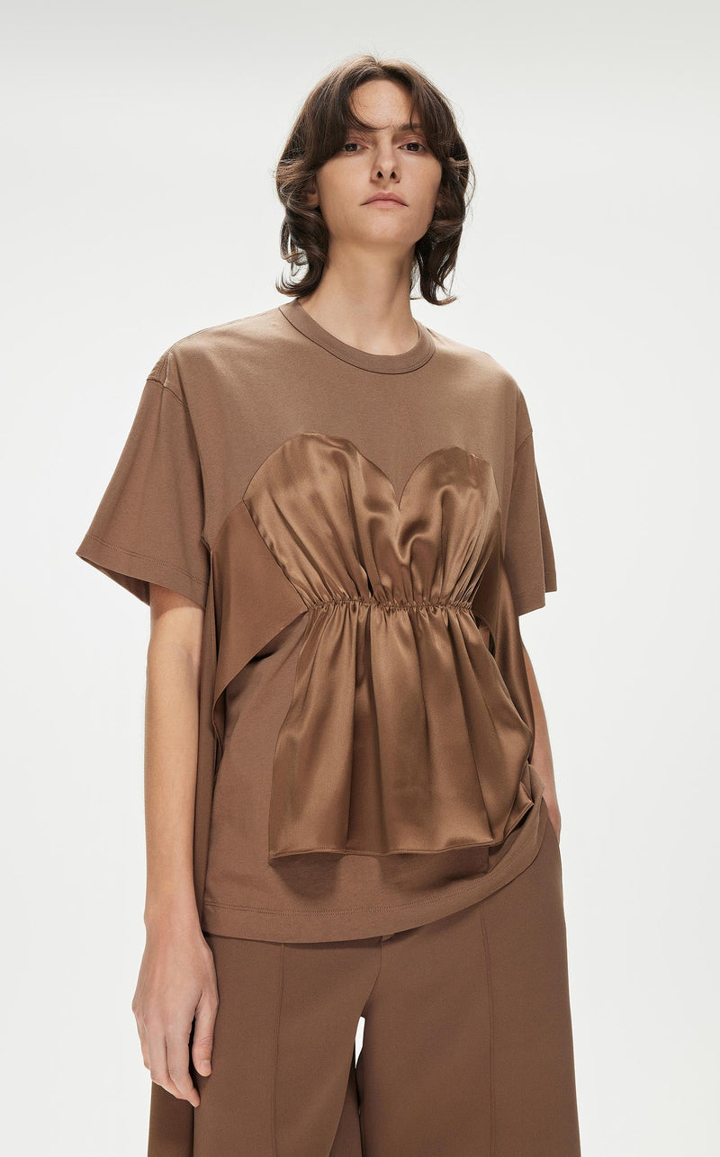 T-Shirt / JNBY Loose Fit Patchwork Short Sleeve T-Shirt with Tassel (100% Cotton) Brown