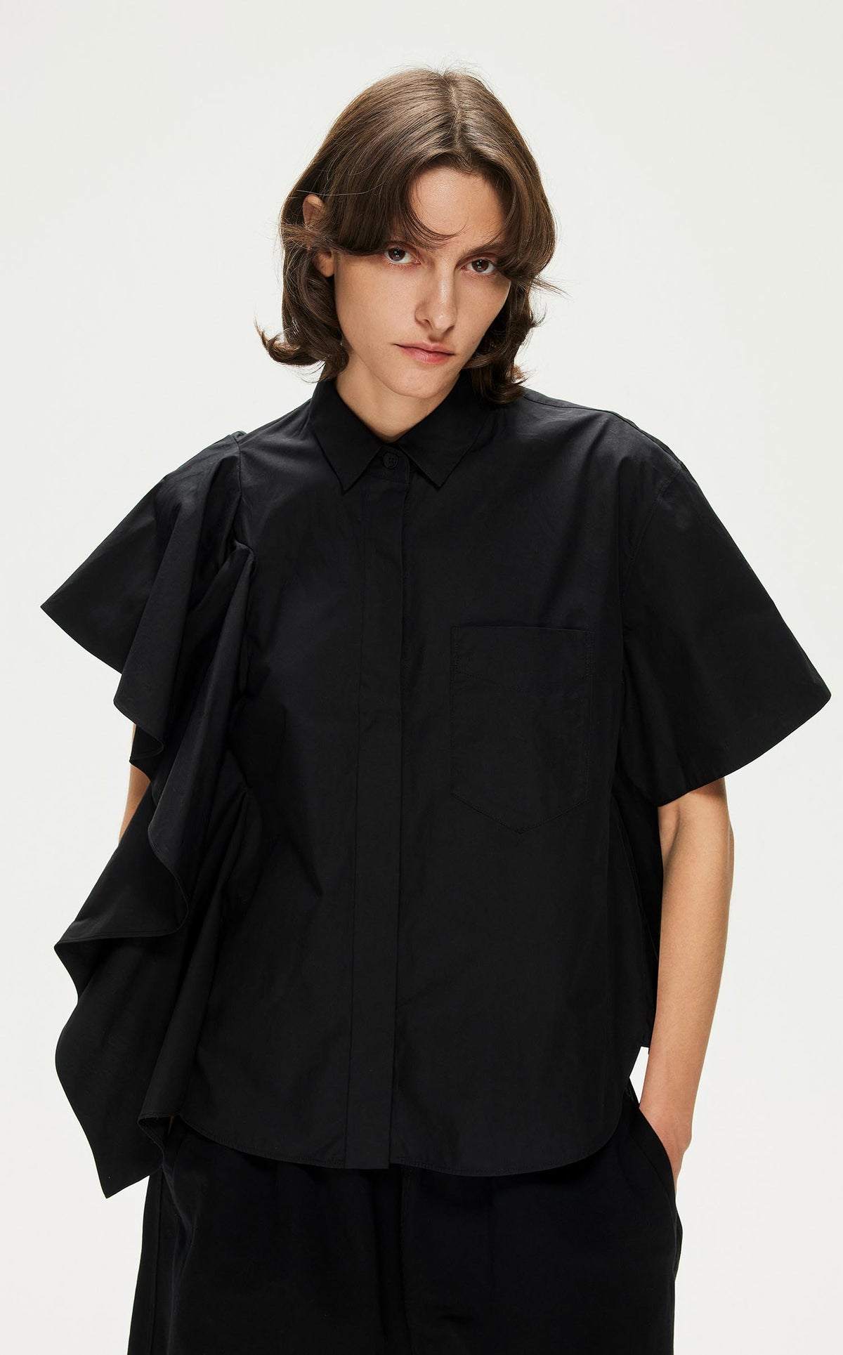 Shirt / JNBY Solid Asymmetric Short Sleeve Shirt (100% Cotton) Black