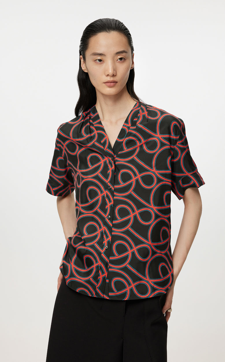 Shirt/JNBY Musical Note Print V-neck Colorblock Short-sleeved Shirt(40% mulberry silk ) Orange