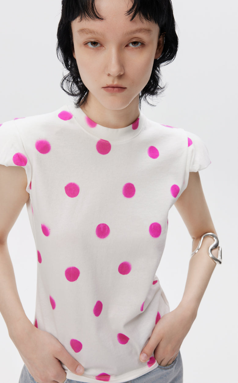 T-shirt / JNBY Polka Dot Slim Fit Round Neck Shoulder Pad Short Sleeve T-Shirt(100% cotton) Pink