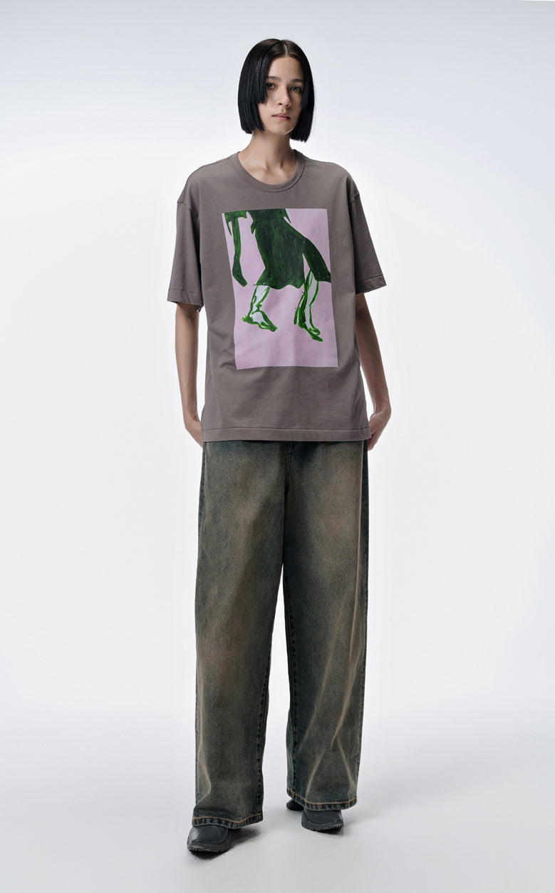 T-shirt/JNBY Abstract Illustration Crewneck Printed T-shirt(100% Cotton) Grey