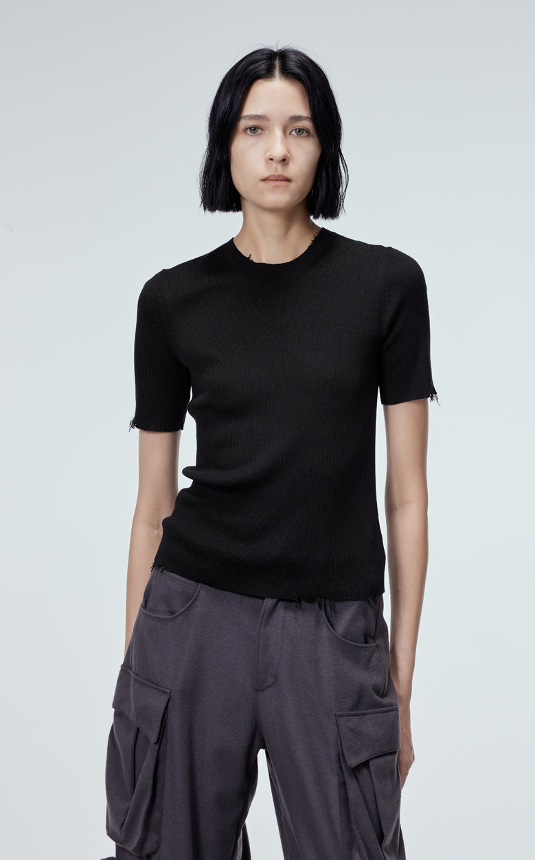 Sweater/ JNBY 100% Silk Round Neck Short-Sleeved Sweater Black