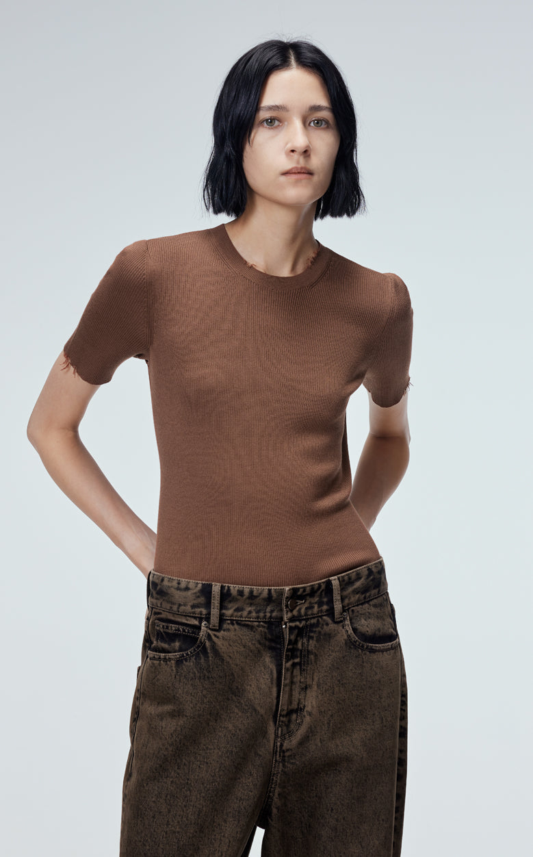 Sweater/ JNBY 100% Silk Round Neck Short-Sleeved Sweater Brown